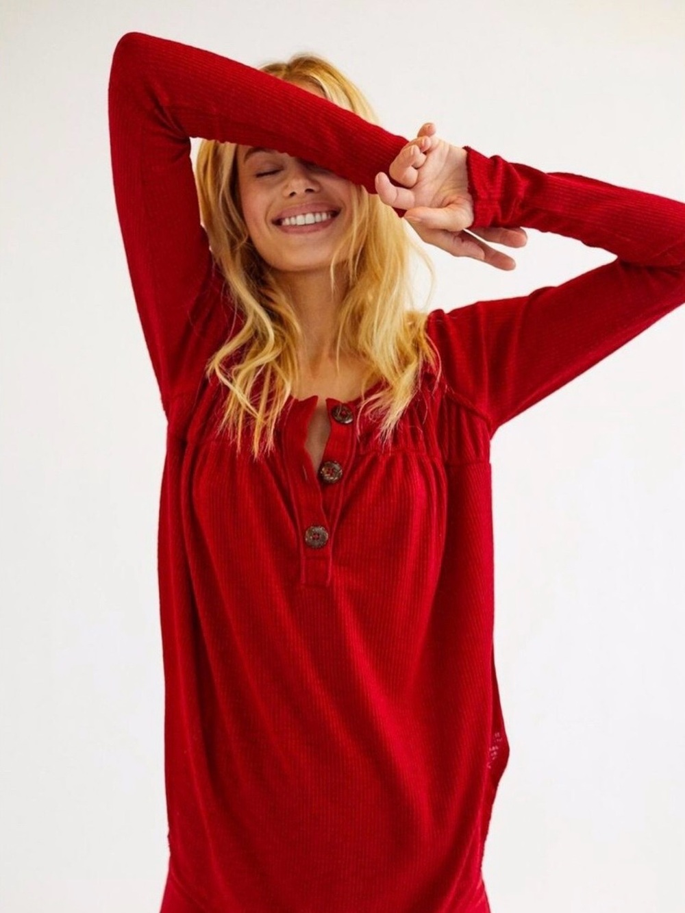 We The Free Red Ribbed Henley Long-Sleeve Top
